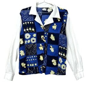 Caliche Blouse Womens Medium Blue White Vintage Floral Checkered Button Up Top